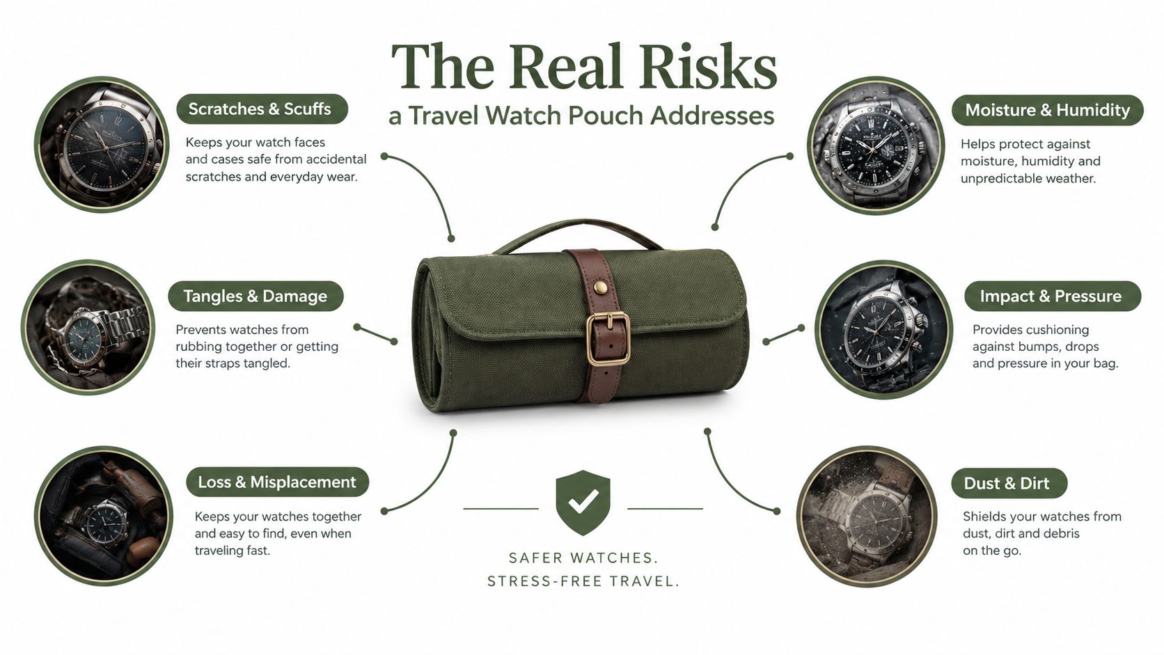 An olive green canvas travel watch pouch is surrounded by text explaining protection against common watch risks.