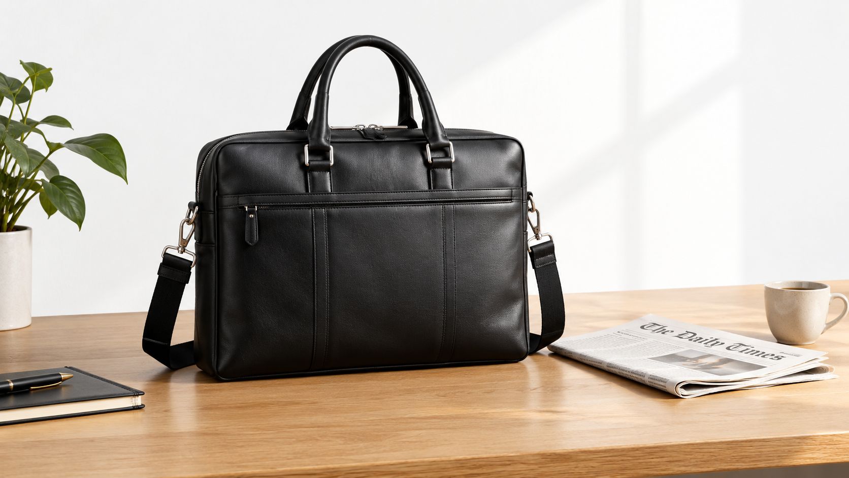A professional black leather laptop bag sitting on a wooden desk next to a newspaper and coffee.