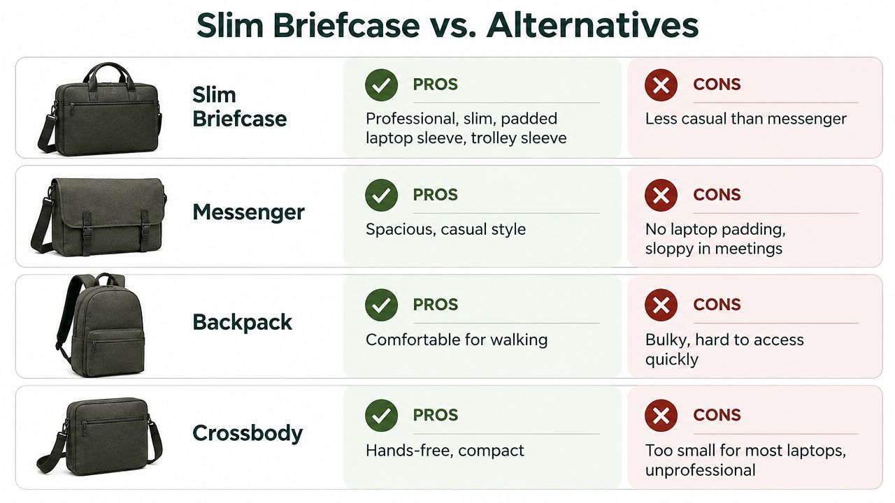 A comparison chart showing pros and cons of slim briefcase, messenger bag, backpack, and crossbody bag styles.