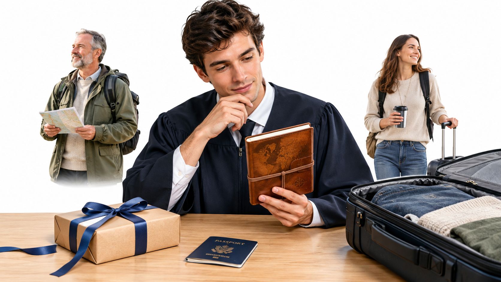 A man in a robe holding a leather journal with people in the background preparing for travel.