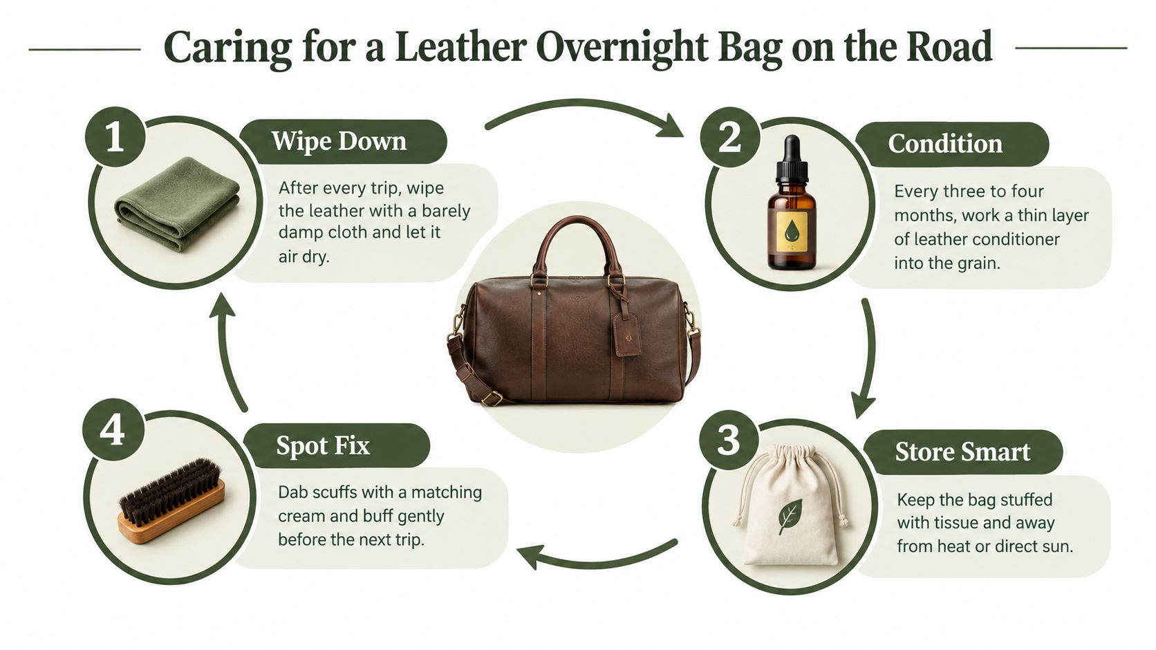 An infographic showing four essential steps for caring for a brown leather overnight travel bag.