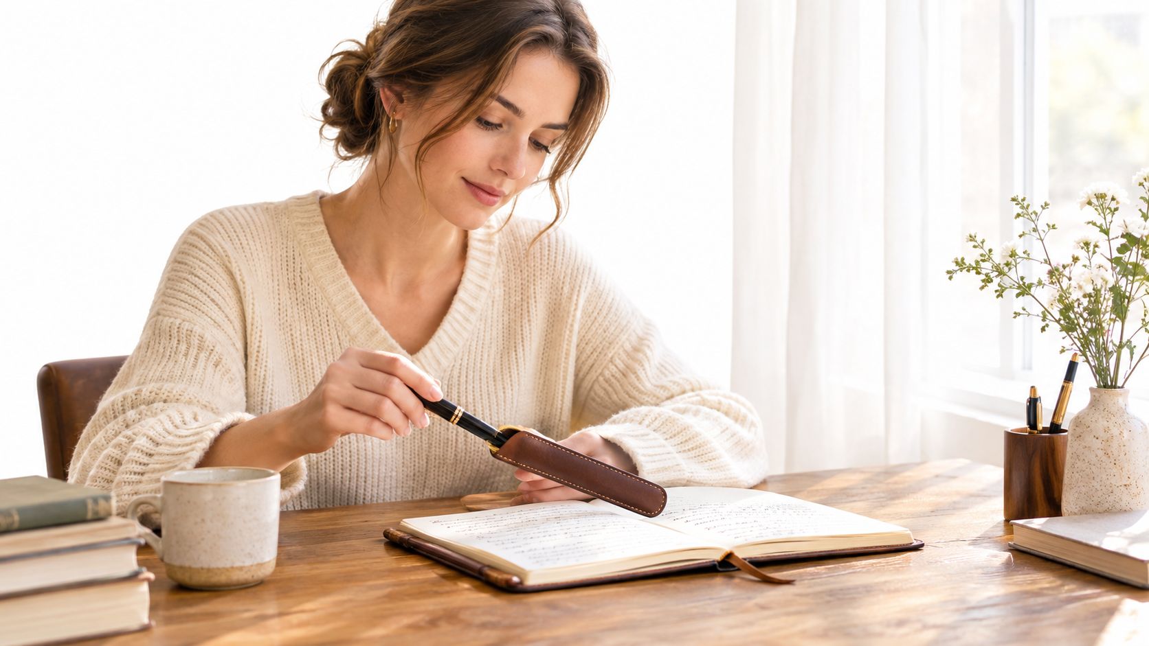 A woman in a cozy sweater writing in a journal with a luxury fountain pen, sitting at a desk.