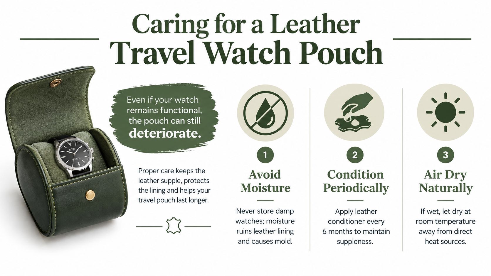 An infographic detailing three essential care tips for maintaining a leather travel watch pouch effectively.