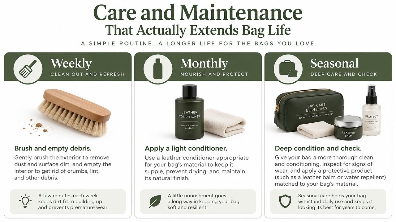 A visual guide for care and maintenance tips to extend the life of leather bags and accessories.