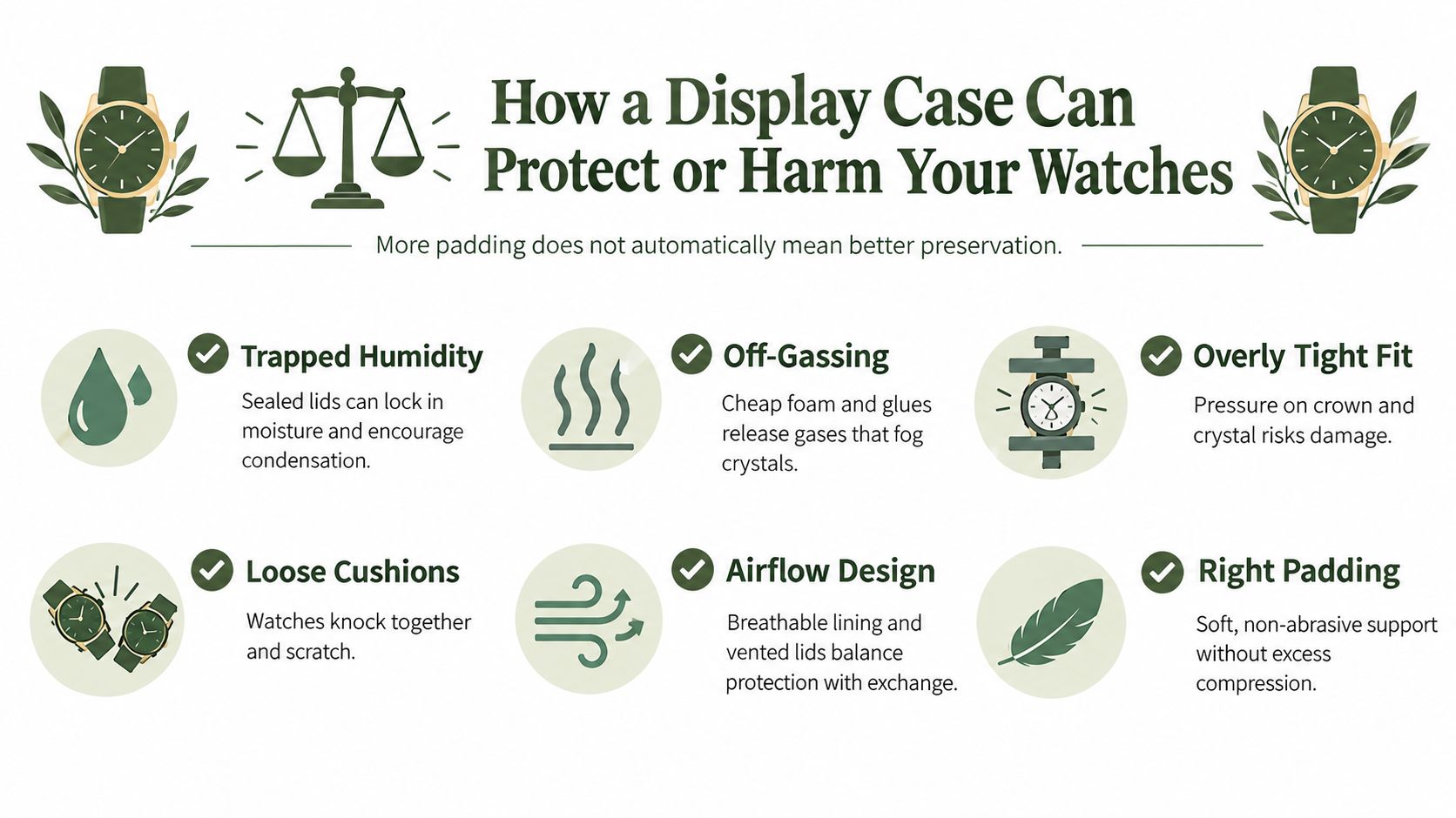 An infographic detailing how different features of watch display cases can either protect or damage your timepiece.