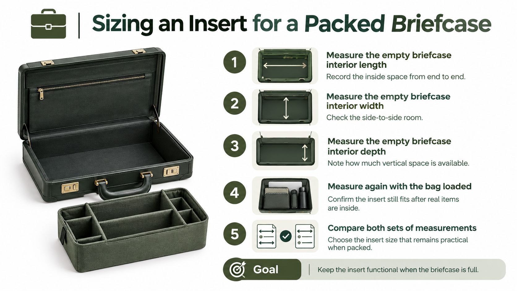 A step-by-step guide on how to measure a briefcase for selecting a functional organizer insert.