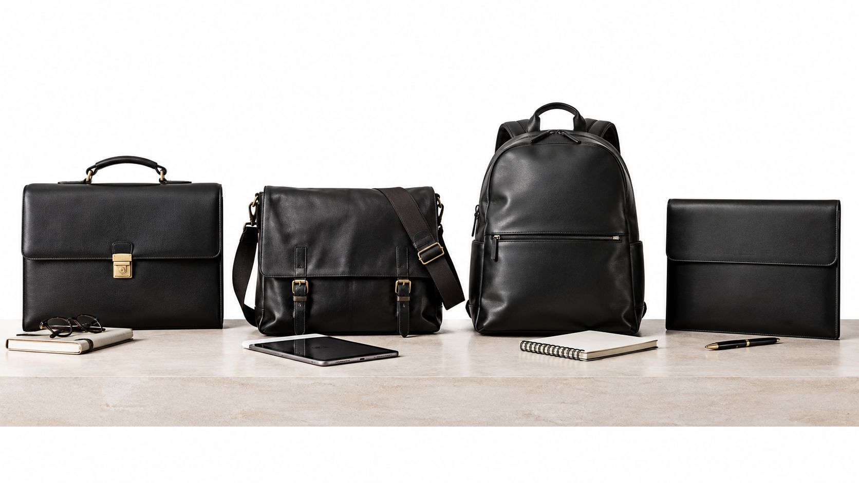 A professional collection of black leather bags including a briefcase, messenger bag, backpack, and portfolio on a table.