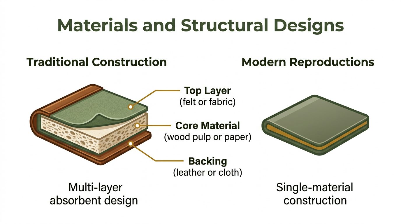 A diagram comparing traditional multi-layer absorbent desk blotter construction with modern single-material reproduction designs.