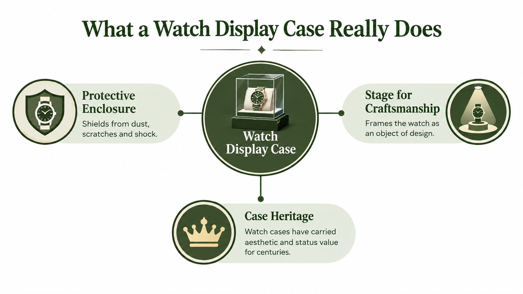 An infographic titled What a Watch Display Case Really Does, detailing its protective, aesthetic, and historical functions.