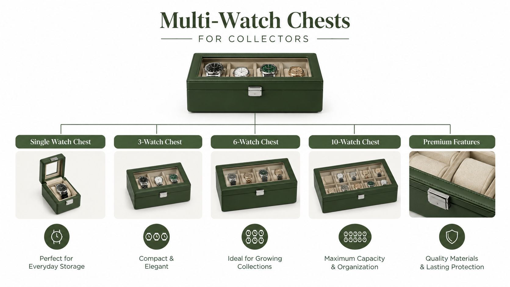 A product infographic showcasing various multi-watch chest sizes for collector storage, from single to ten-slot options.