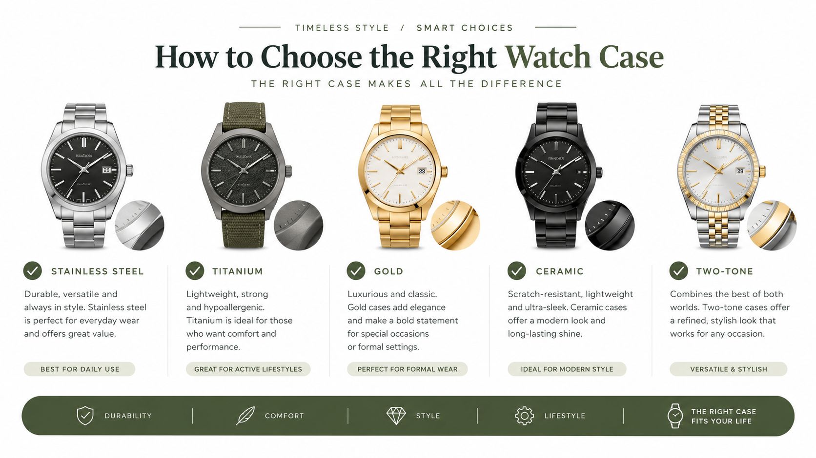 A guide comparing five different watch case materials including stainless steel, titanium, gold, ceramic, and two-tone.