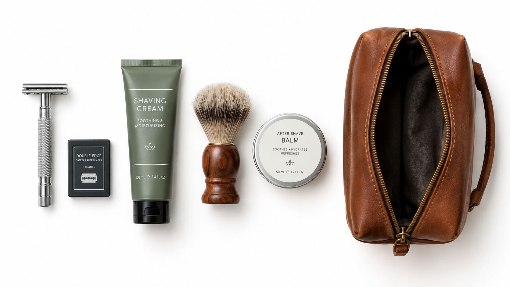 A professional shaving kit for men including a razor, brush, cream, balm, and a leather toiletry bag.