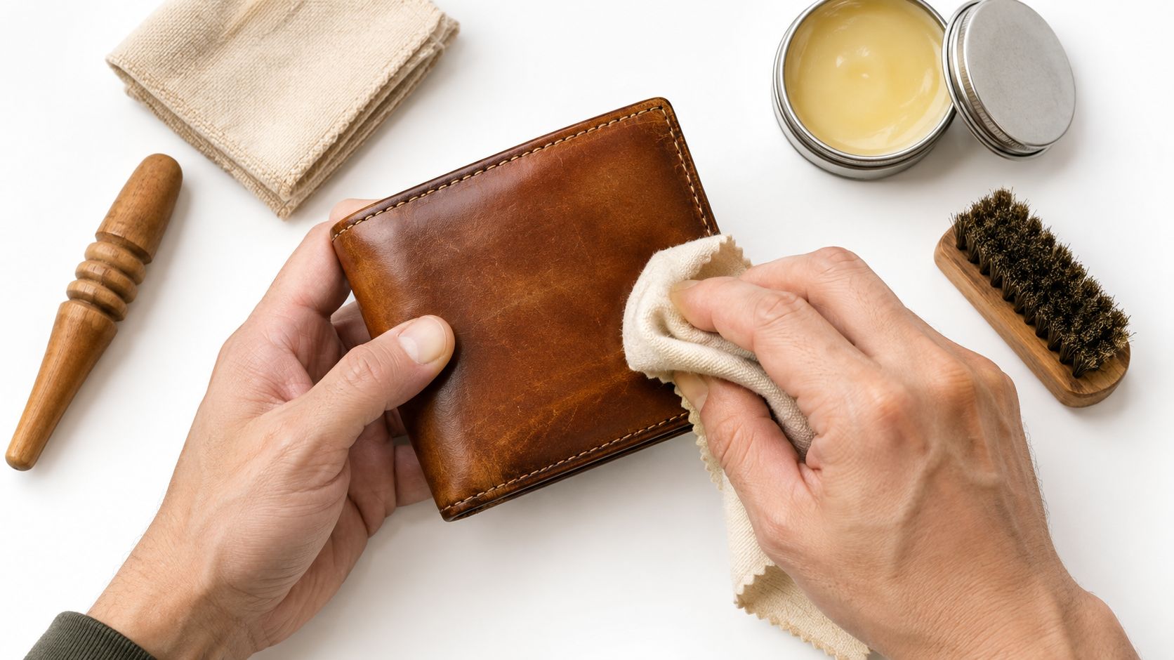 A person carefully applying leather conditioner to a brown mens leather billfold wallet with a soft cloth.