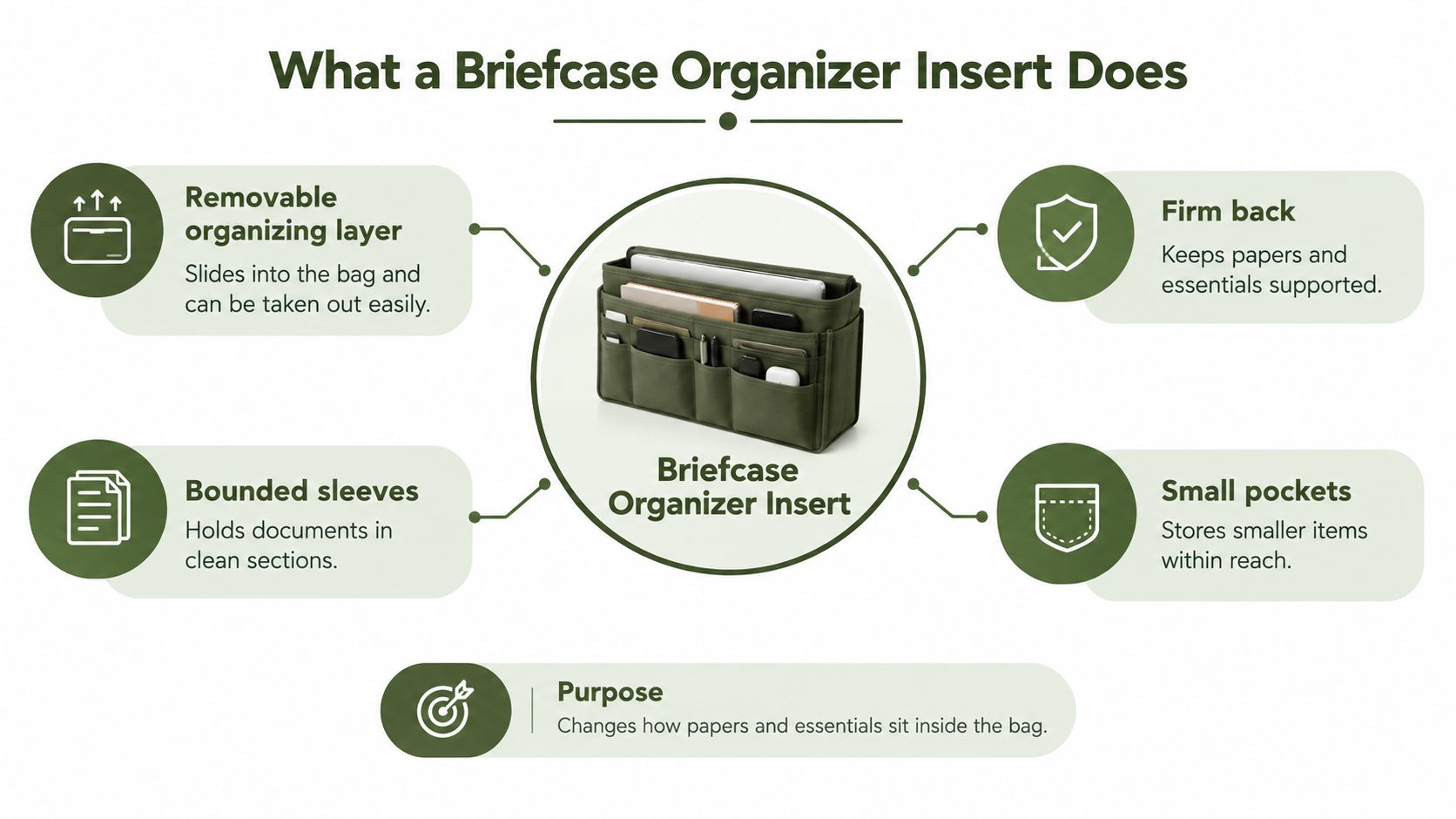 A diagram illustrating the features and benefits of a briefcase organizer insert for bags and accessories.