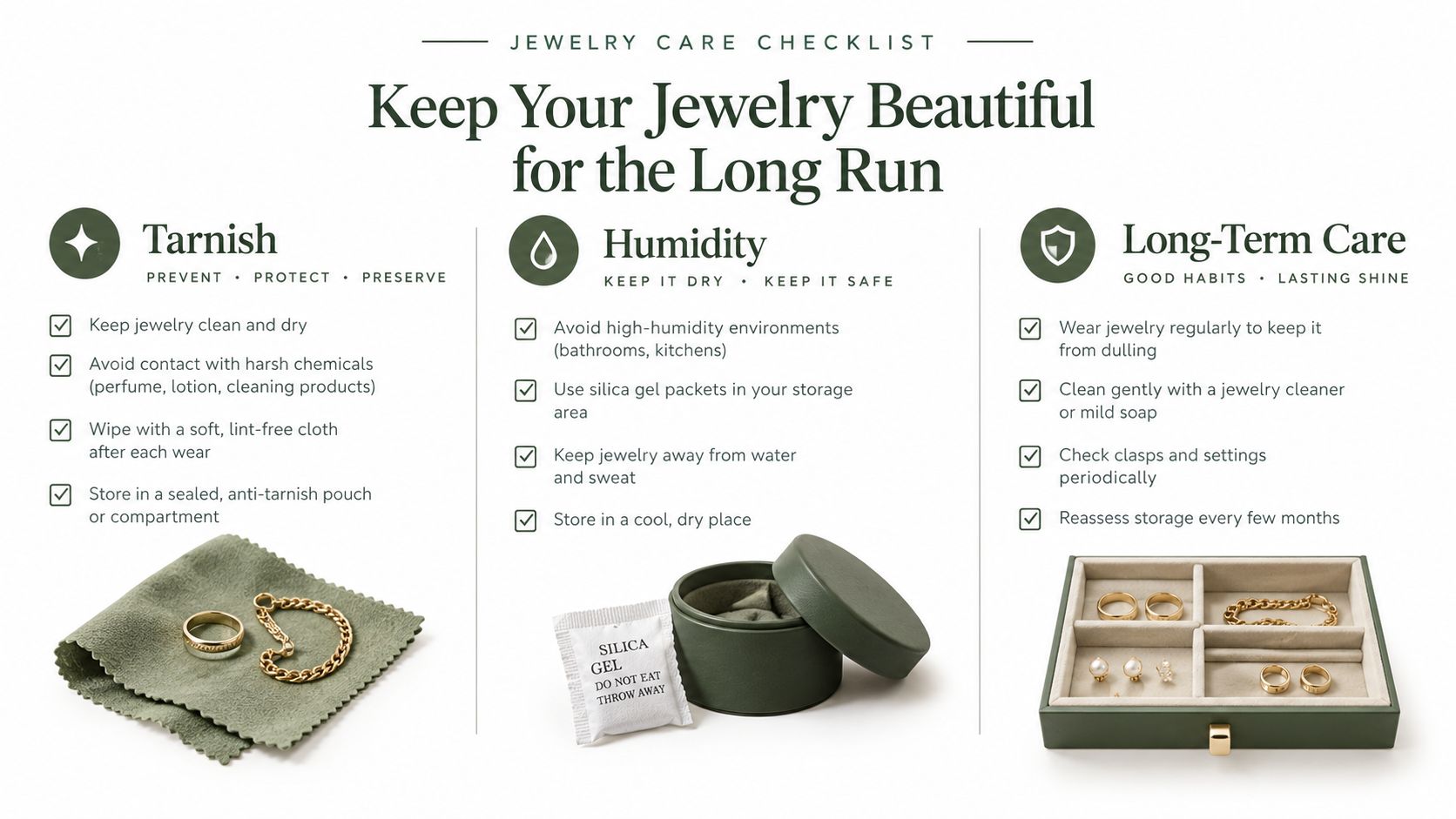 An infographic titled Jewelry Care Checklist featuring tips for preventing tarnish, managing humidity, and performing long-term maintenance.