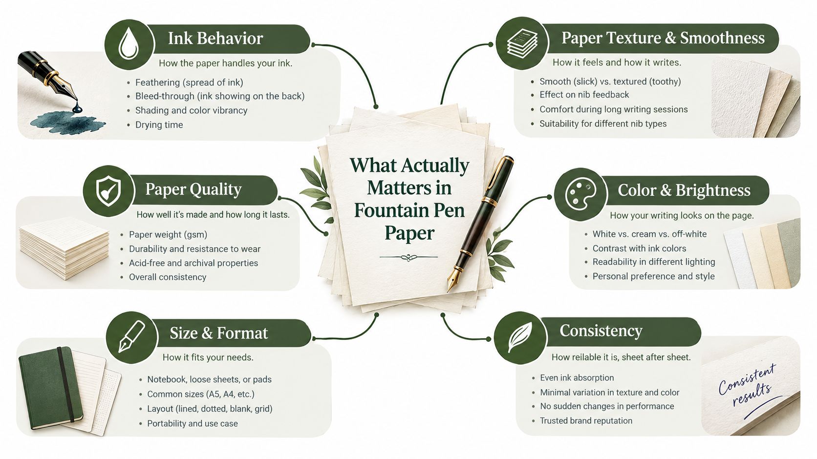 A mind map infographic illustrating the key factors to consider when choosing paper for fountain pens.