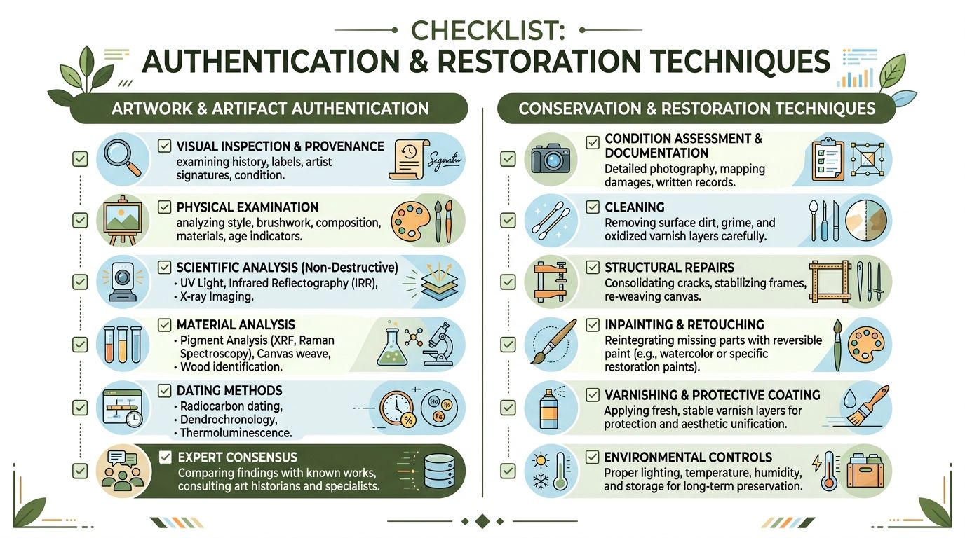 A detailed checklist infographic illustrating various methods for artwork and artifact authentication and conservation restoration techniques.