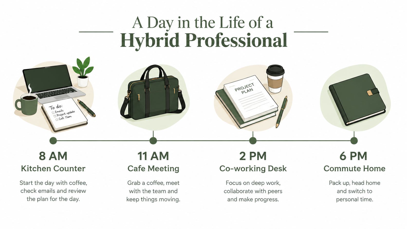 An infographic showing a daily schedule for a hybrid professional with icons for tasks at specific times.