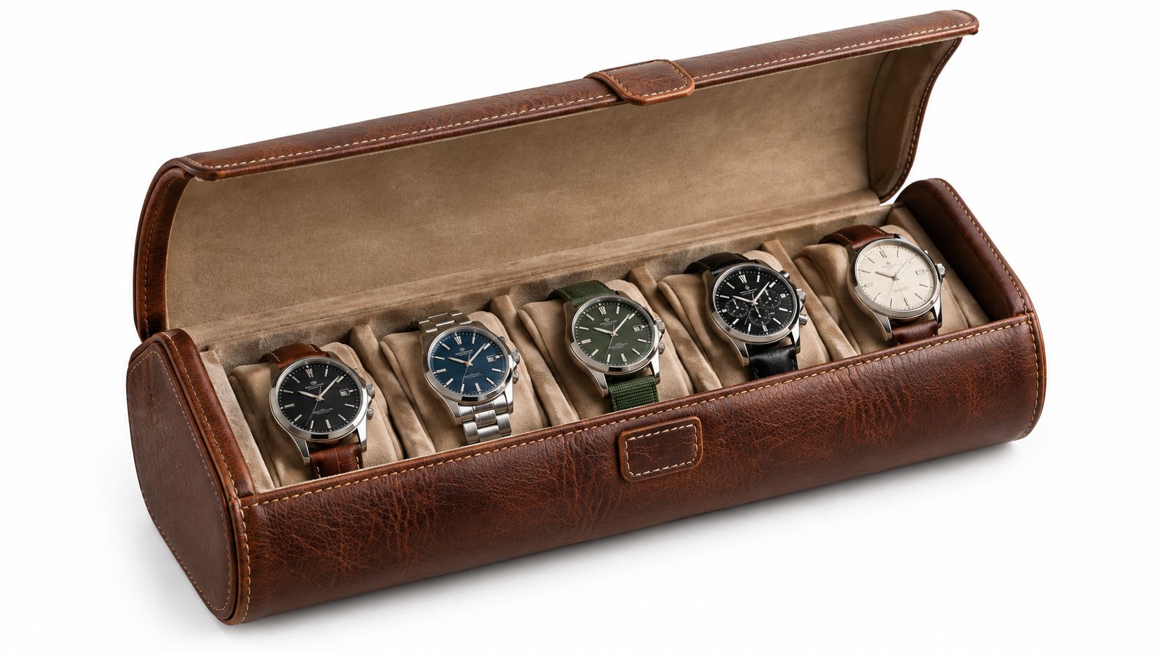 A brown leather watch travel case containing five men's wristwatches arranged in a row.