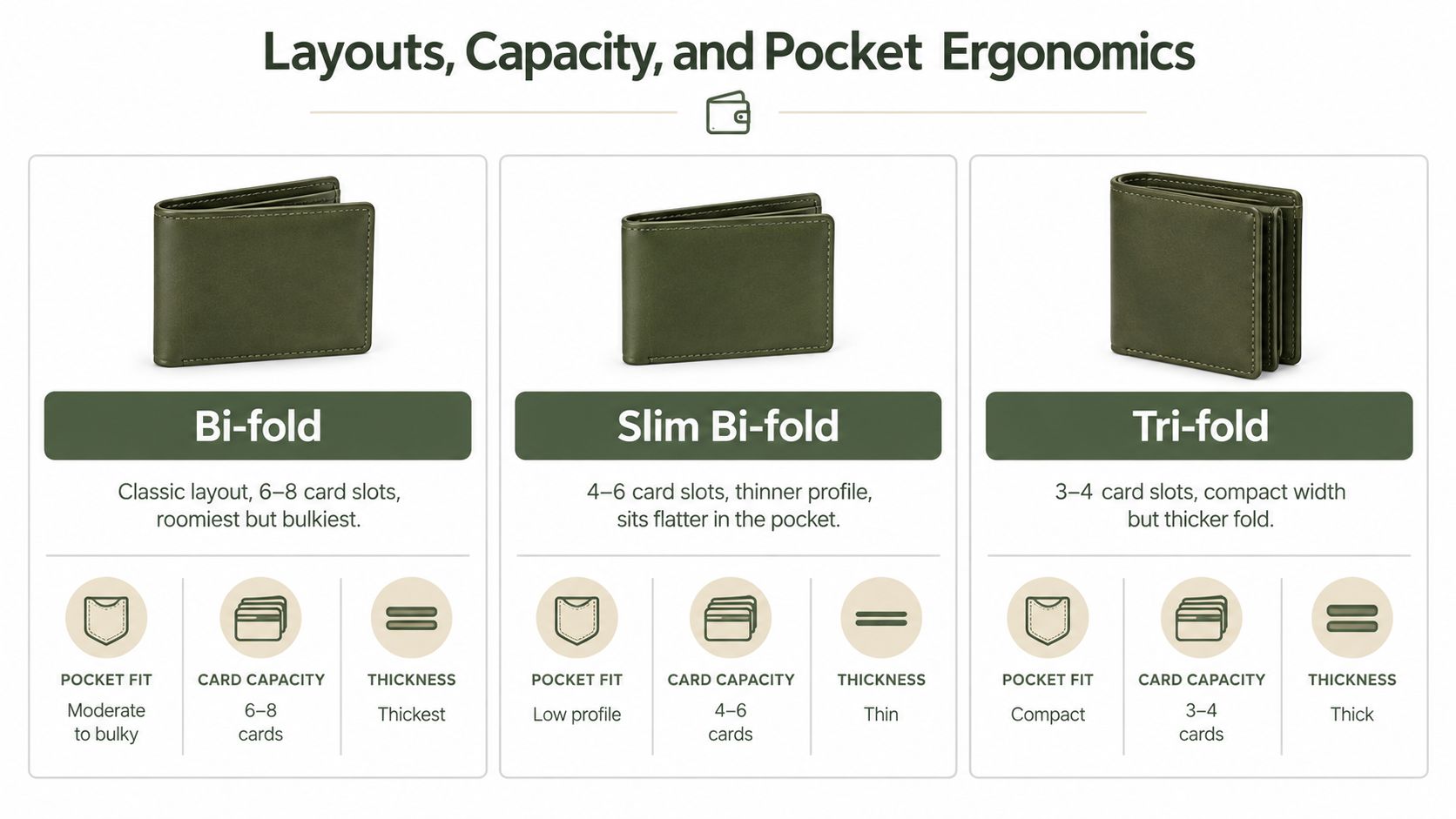A comparison chart highlighting the differences in size, capacity, and pocket ergonomics for three leather billfold wallet styles.