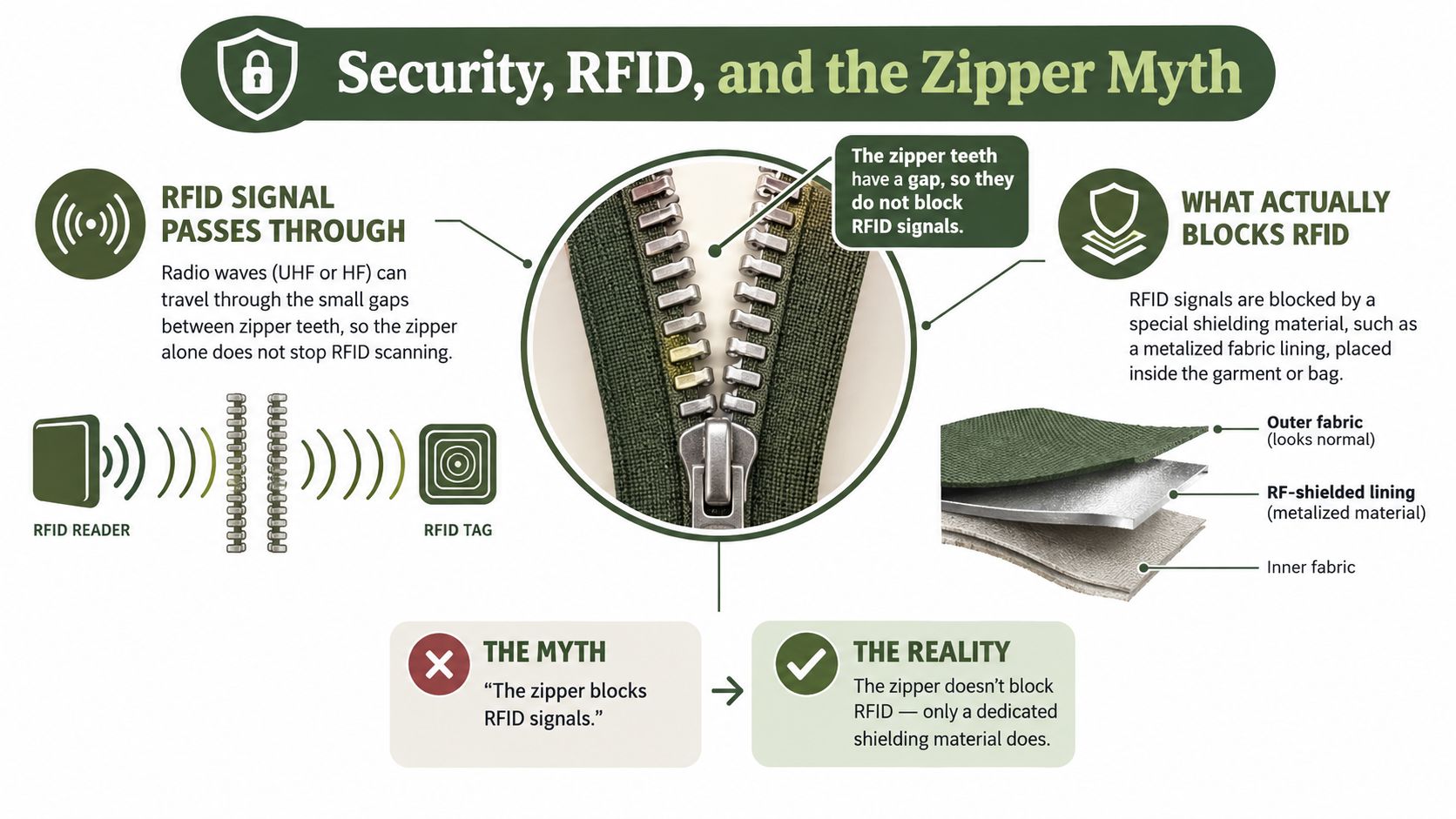 An infographic explaining that standard zippers do not block RFID signals, only special metalized lining does.