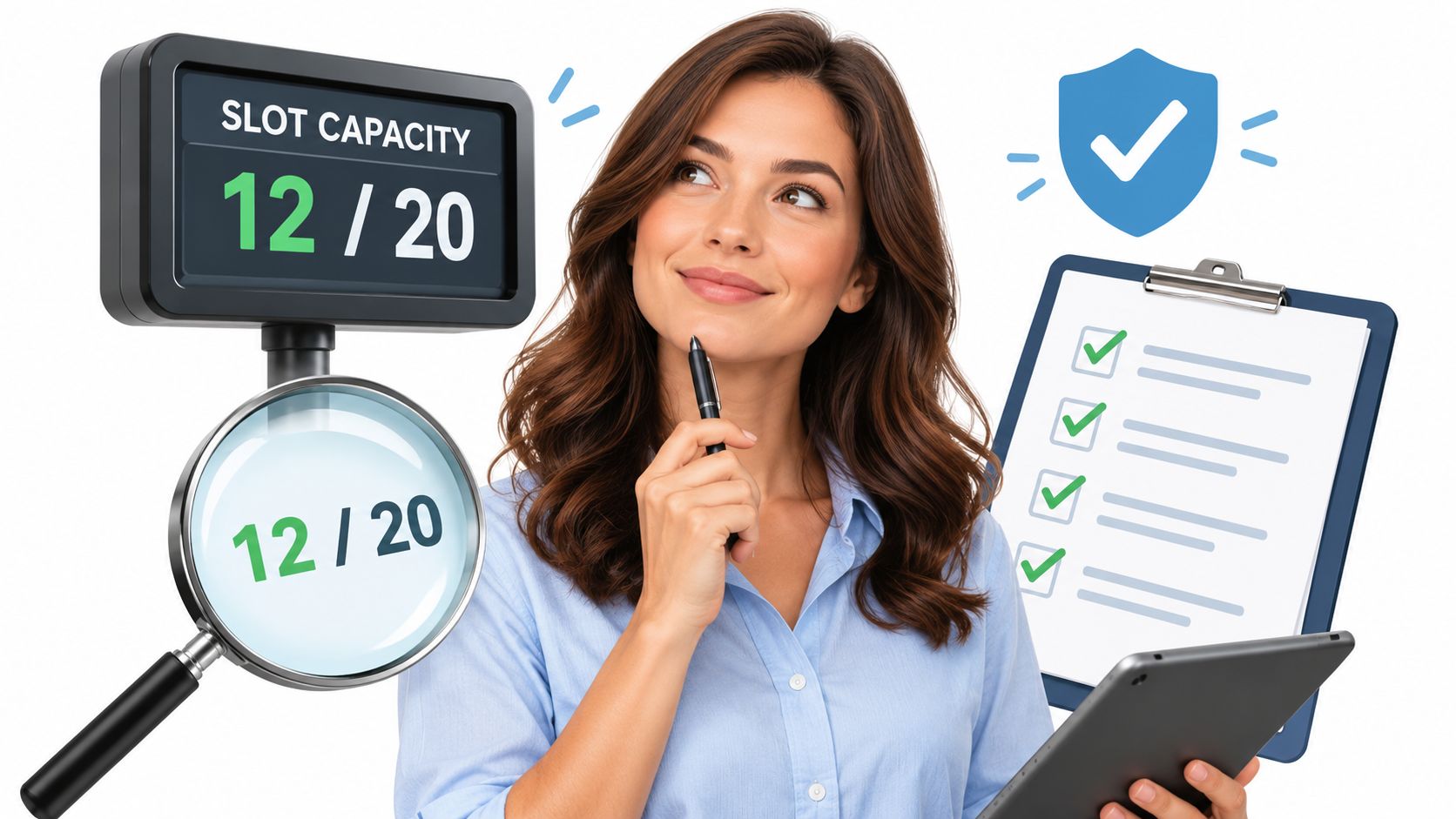 A professional woman holding a tablet while considering slot capacity options for watch storage organization.