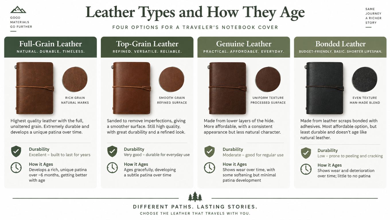An infographic comparing four types of leather for traveler's notebook covers based on durability and aging qualities.