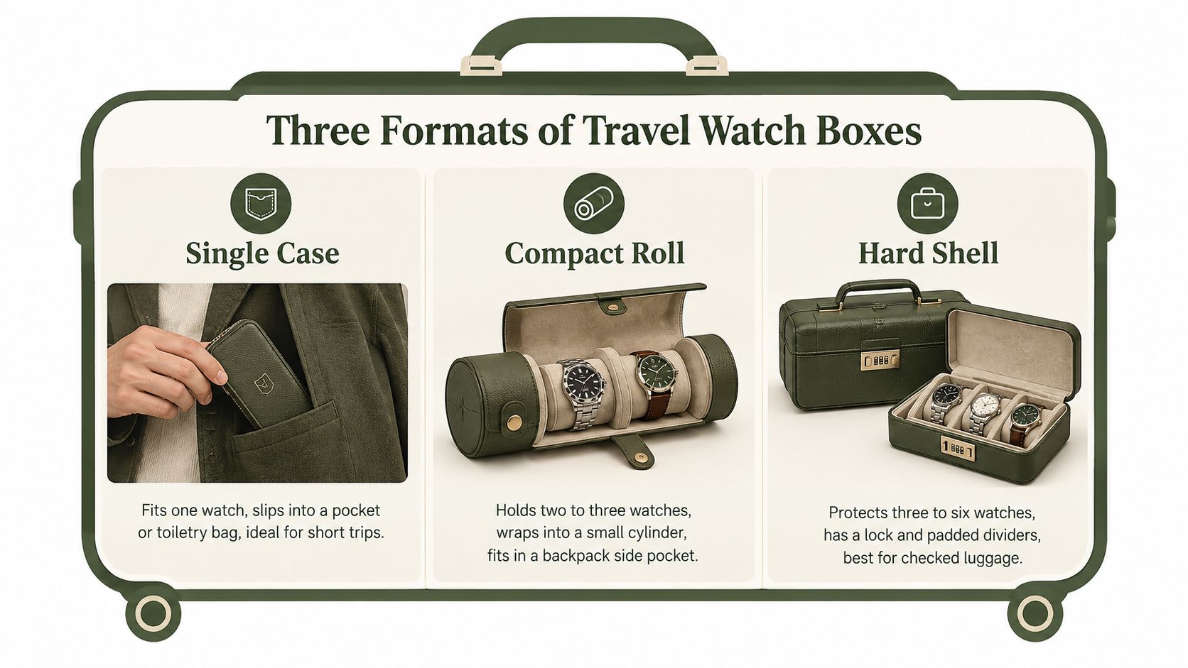 An infographic displays three formats of travel watch boxes including single cases, compact rolls, and hard shells.