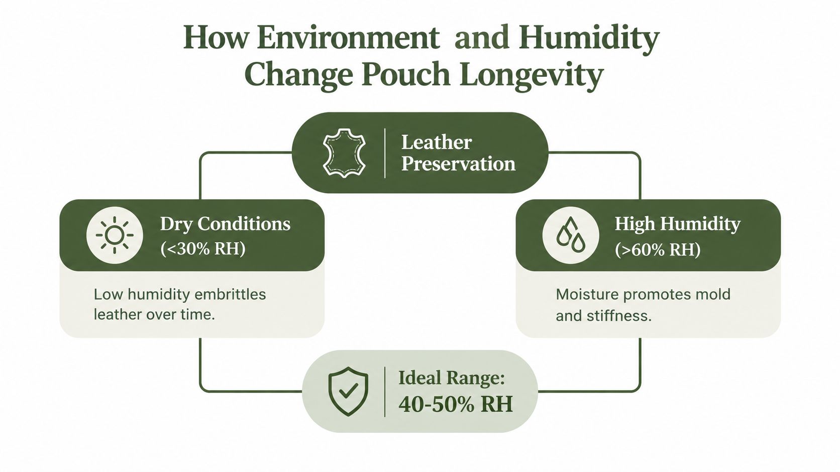 A chart showing how humidity levels impact leather pouch longevity with ideal ranges from 40 to 50 percent.