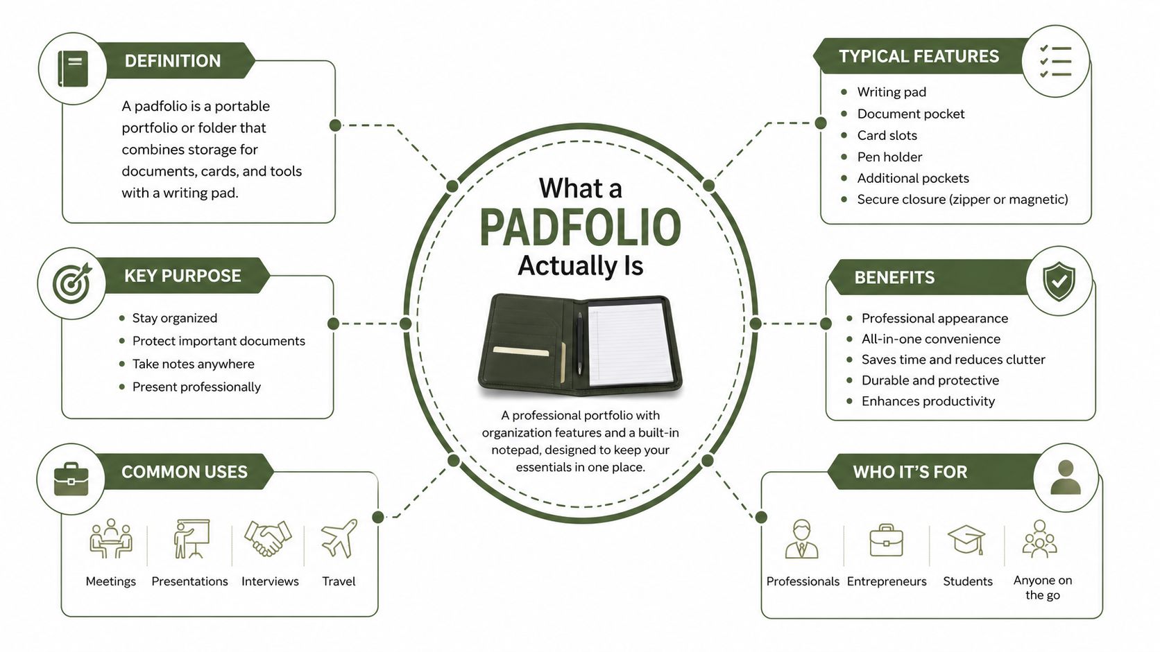 An infographic diagram explaining what a padfolio is, including its features, benefits, uses, and intended audience.