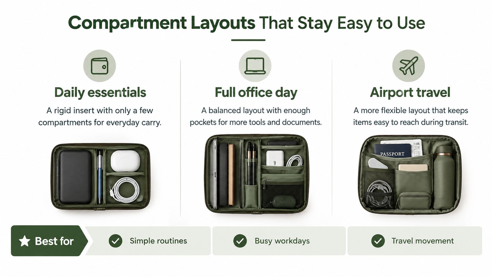 A graphic showing three different ways to organize a briefcase organizer insert for daily, office, and travel use.