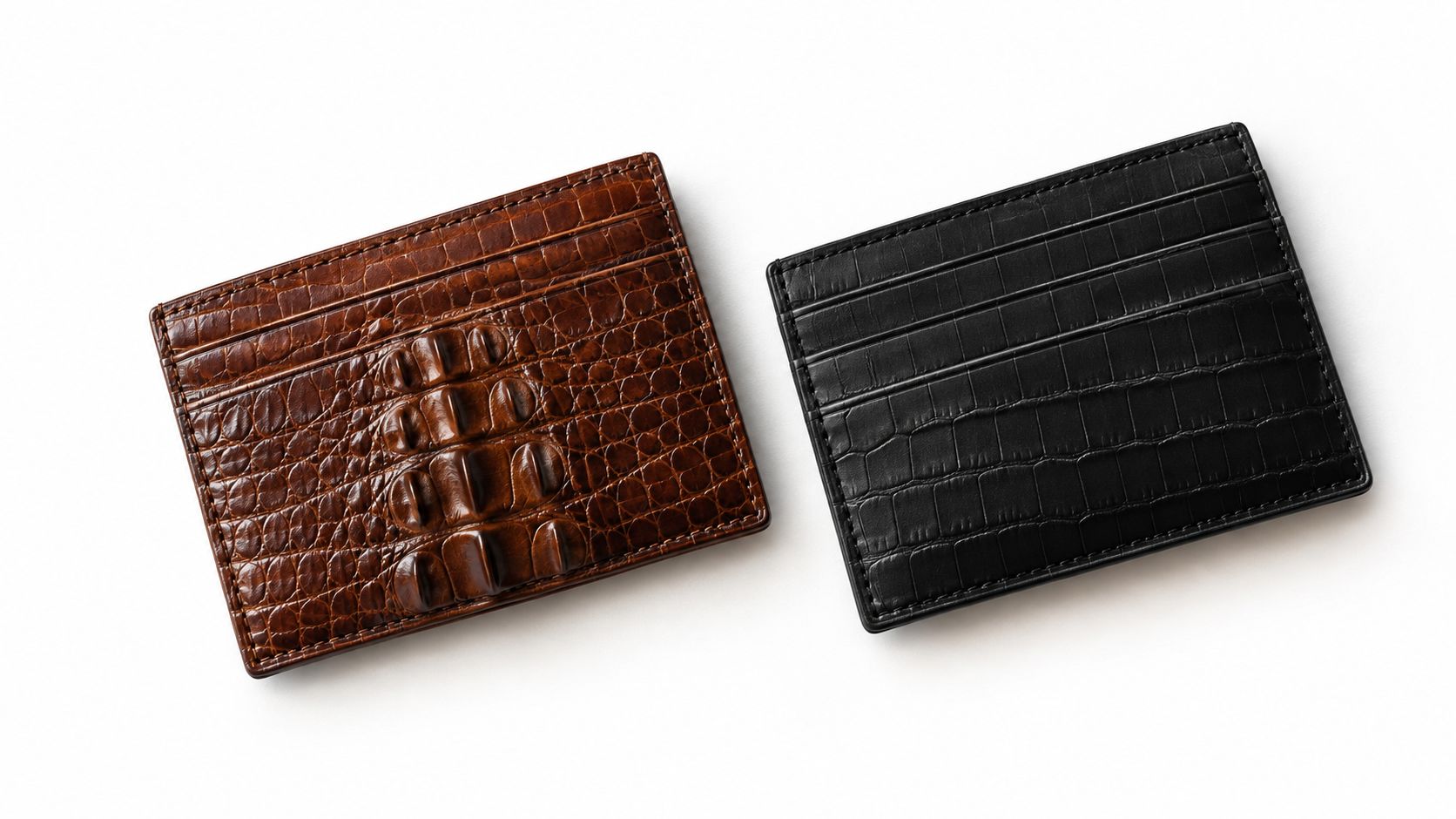 Two premium leather card holders featuring a detailed crocodile skin texture in brown and black colors.