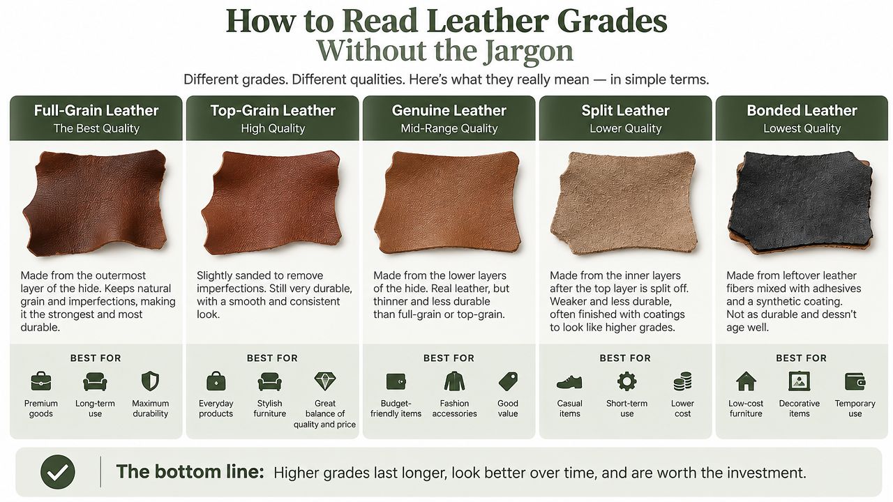 An educational infographic chart comparing five different grades of leather from highest to lowest quality.