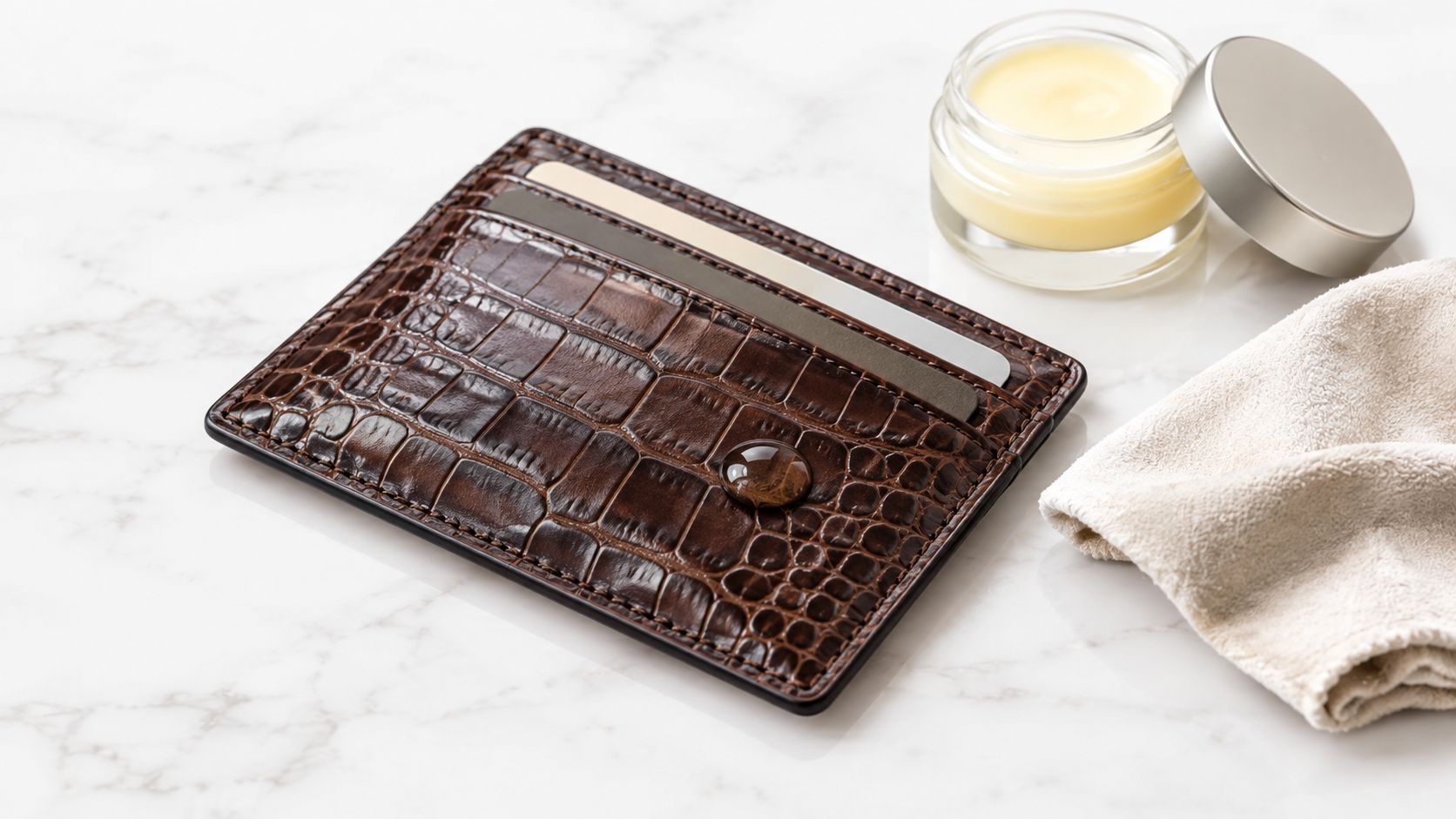 A luxurious brown crocodile leather card holder rests on a marble surface next to skin cream.