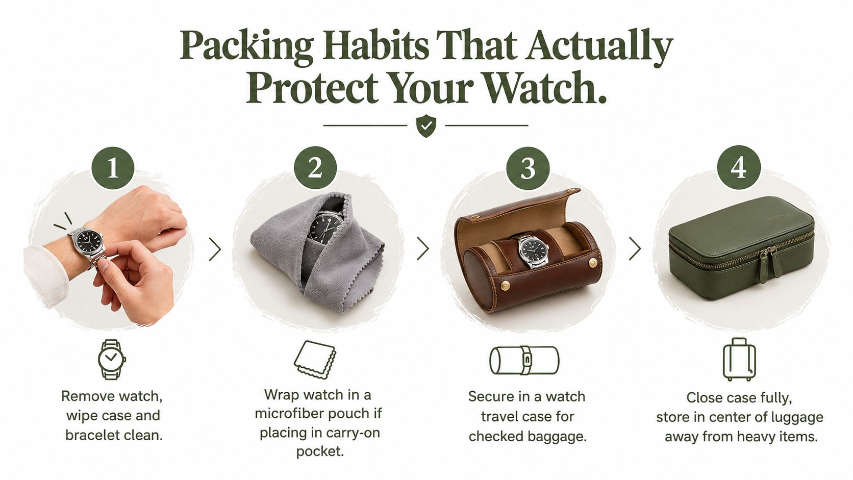 A four-step infographic illustrating how to properly clean, wrap, and store a luxury wristwatch for safe travel.