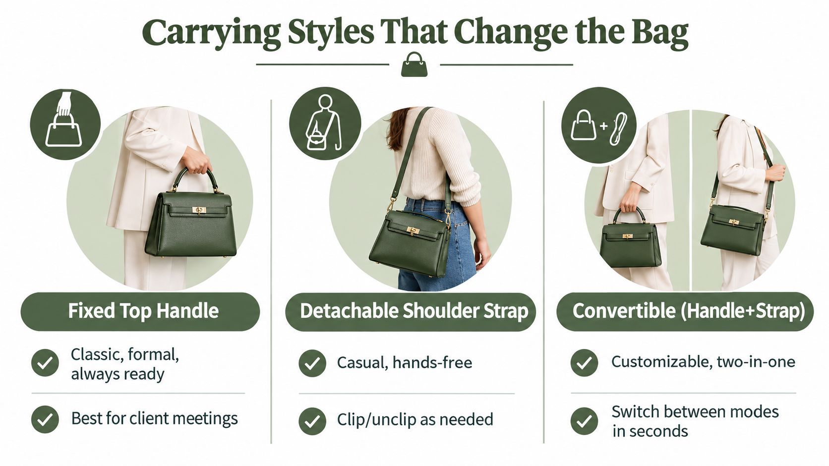 A diagram demonstrating three different carrying styles for a green handbag, including handle, strap, and convertible options.
