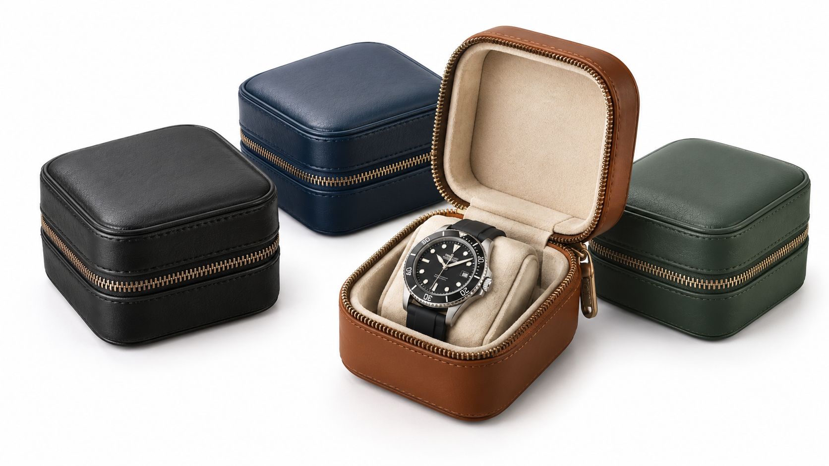 A collection of four leather watch travel cases in black, blue, brown, and green with a watch inside.