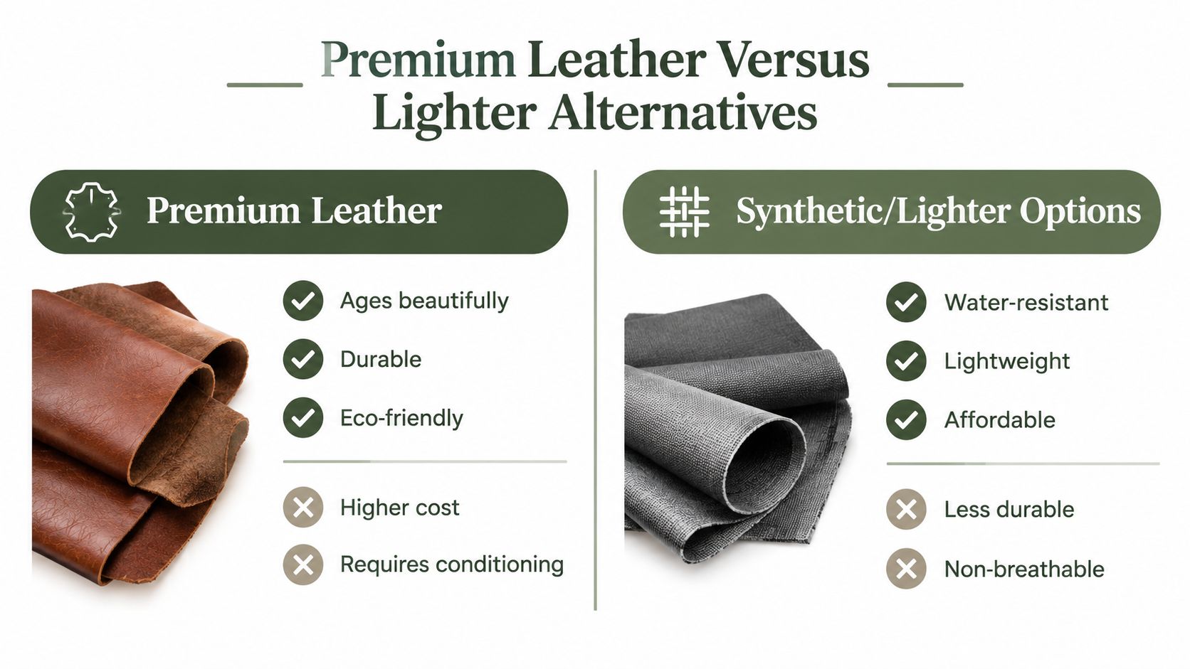 A comparison chart highlighting the pros and cons of premium leather versus synthetic lighter material options.