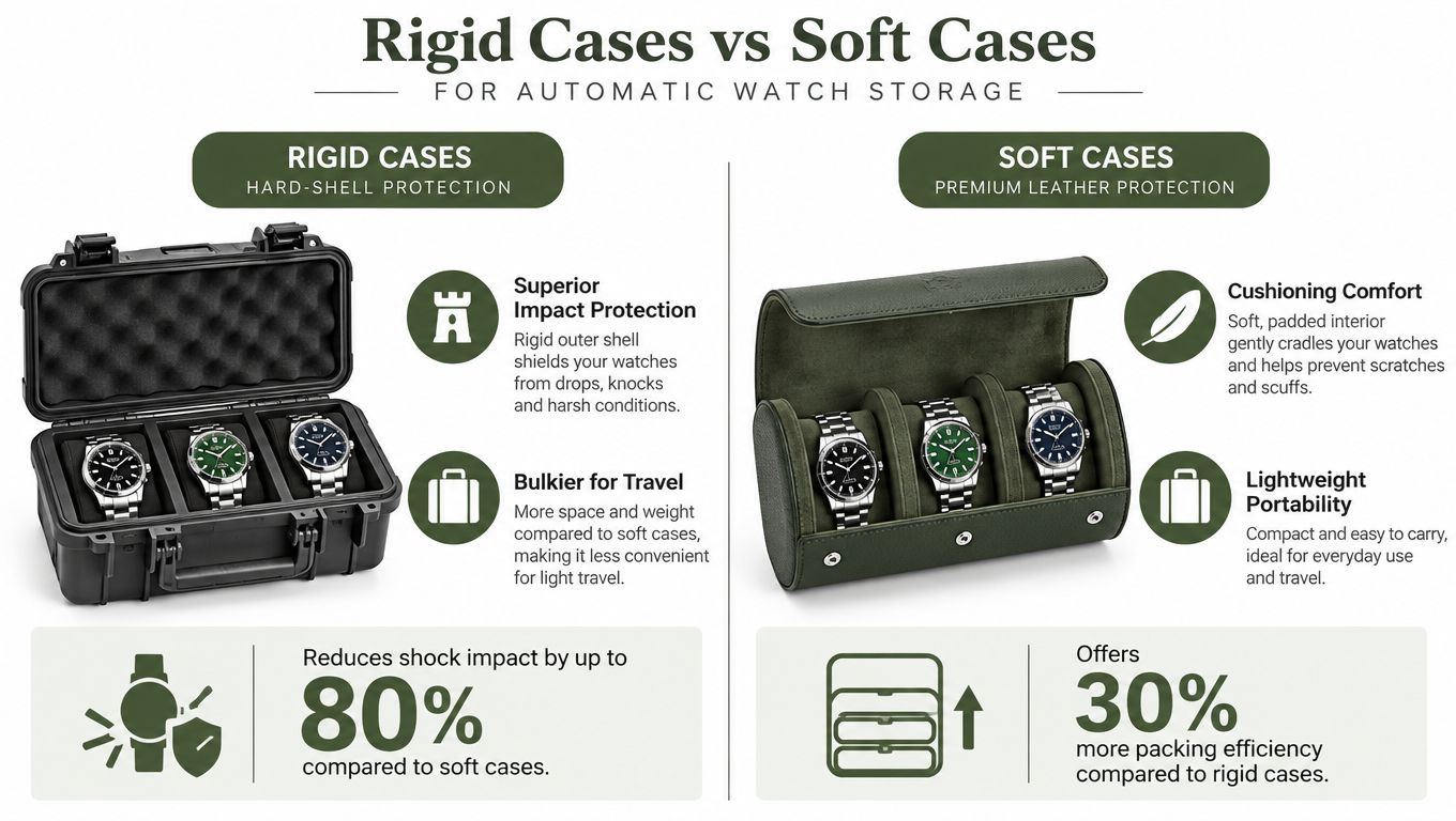 A comparison infographic showing the advantages and differences between rigid and soft cases for storing automatic watches.