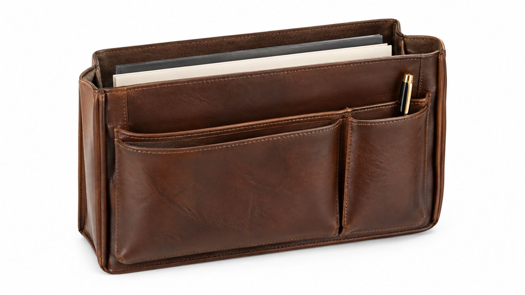 A high-quality brown leather briefcase organizer insert with compartments holding papers and a golden pen.