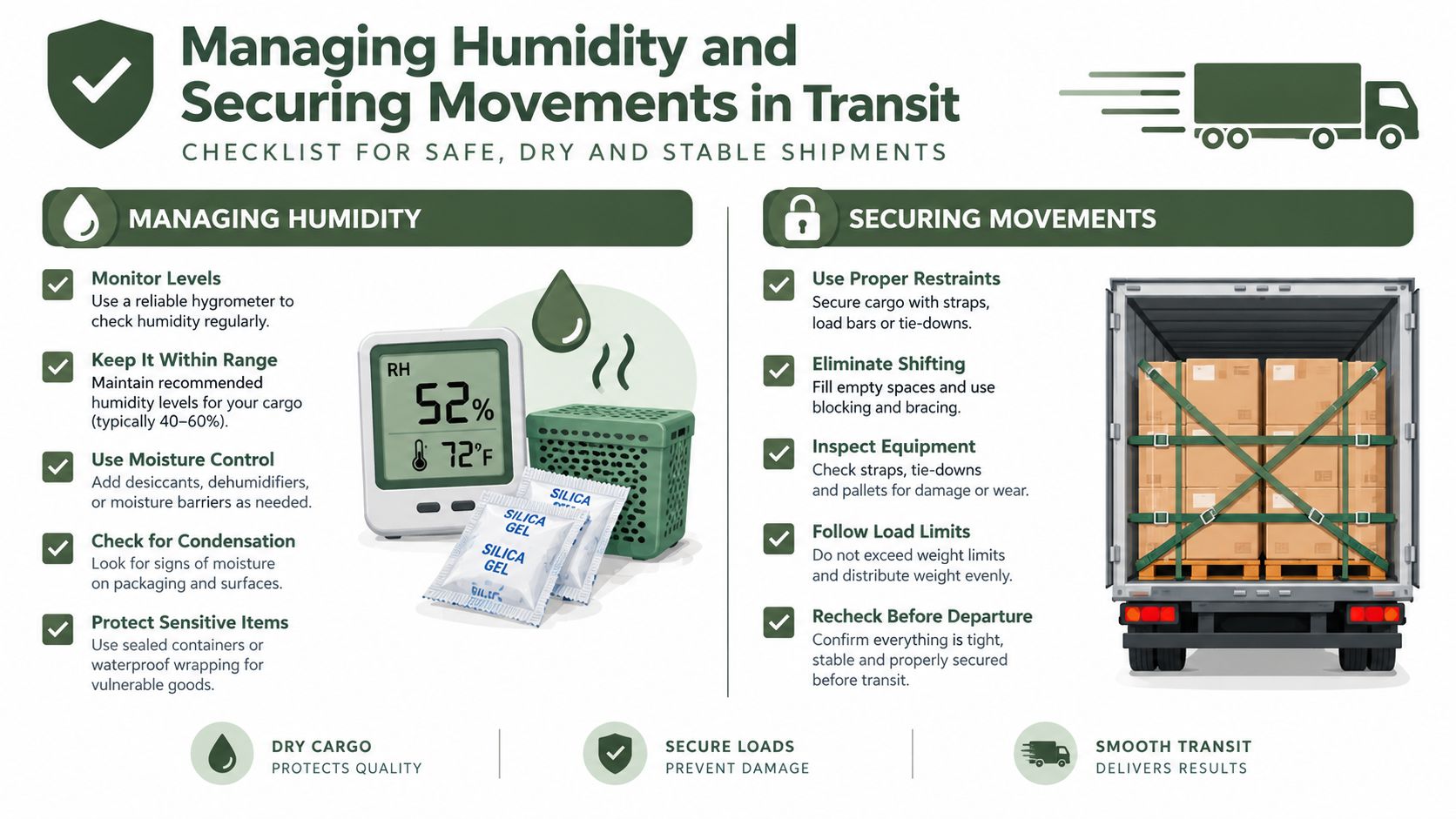 An infographic checklist for logistics professionals about managing humidity and securing cargo shipments during transit.