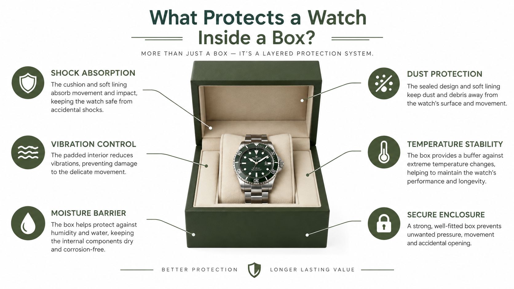 An infographic detailing the protective features of a green watch box including shock absorption and temperature stability.