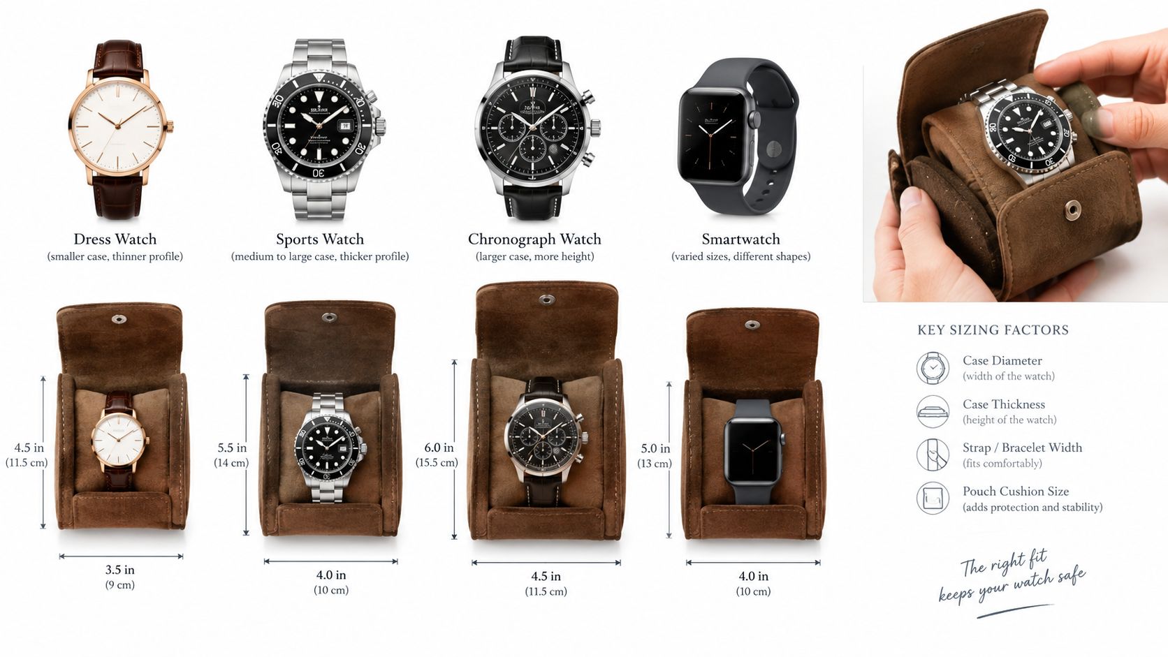 A guide showing different watch types and their appropriate sizes within various brown travel watch pouches.