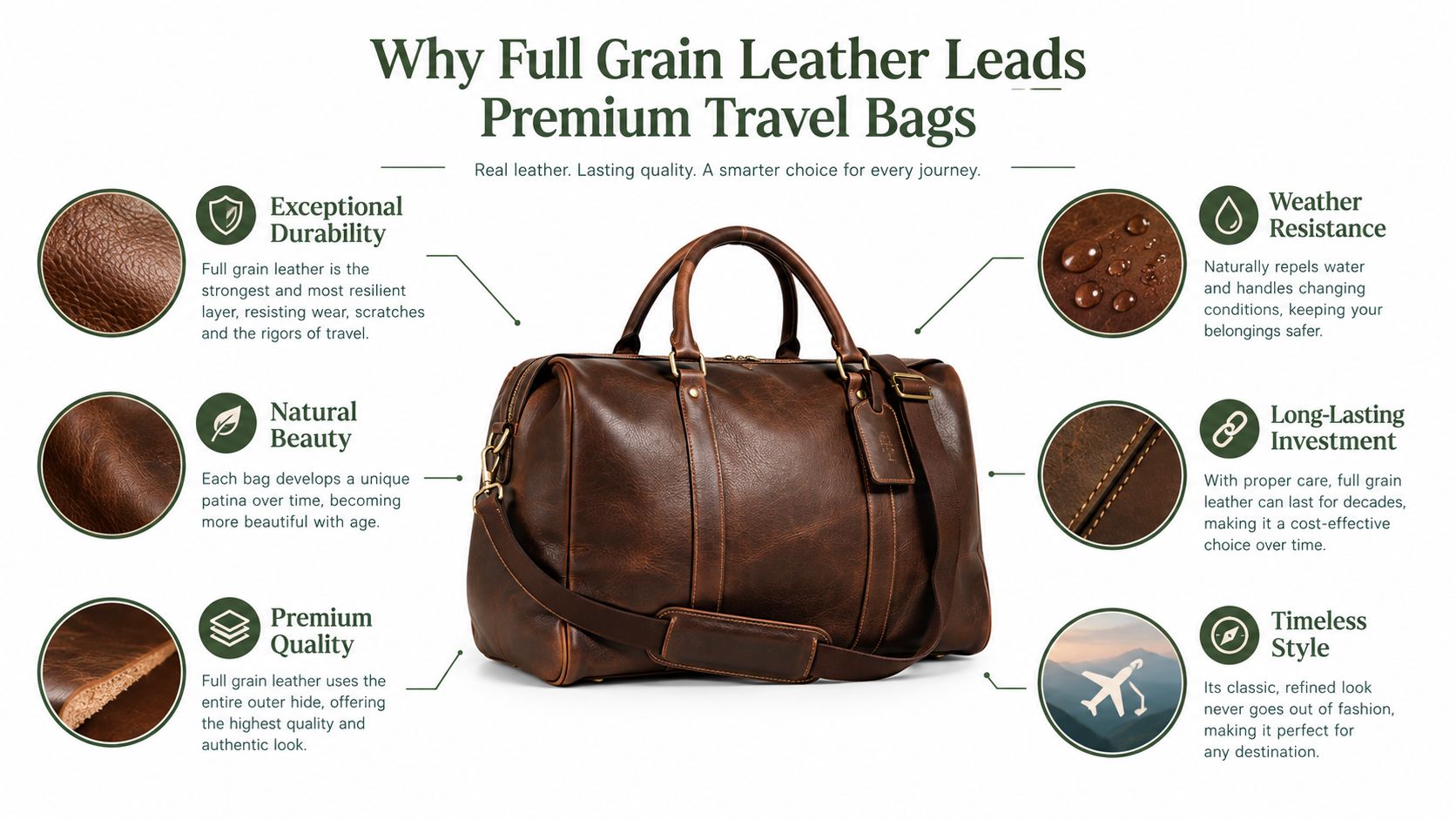 A premium brown full grain leather duffel bag featured with six key durability and style benefits highlighted.