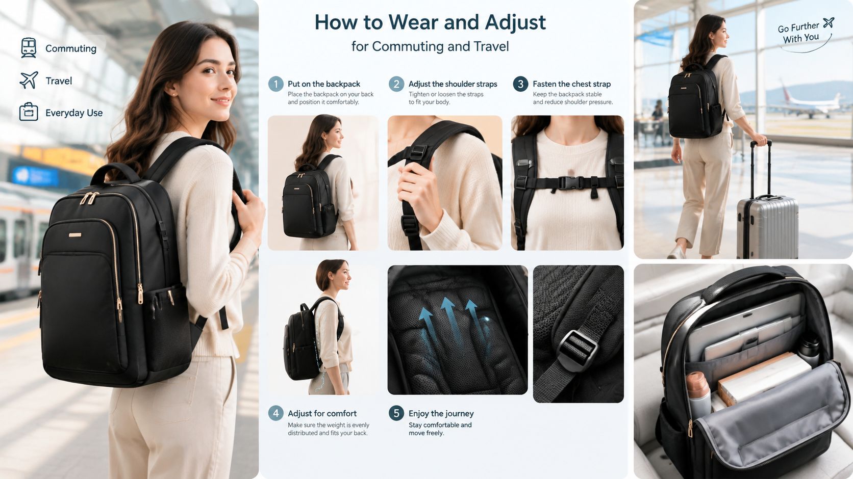 A woman demonstrating how to wear and adjust a professional black travel backpack for commuting and travel.