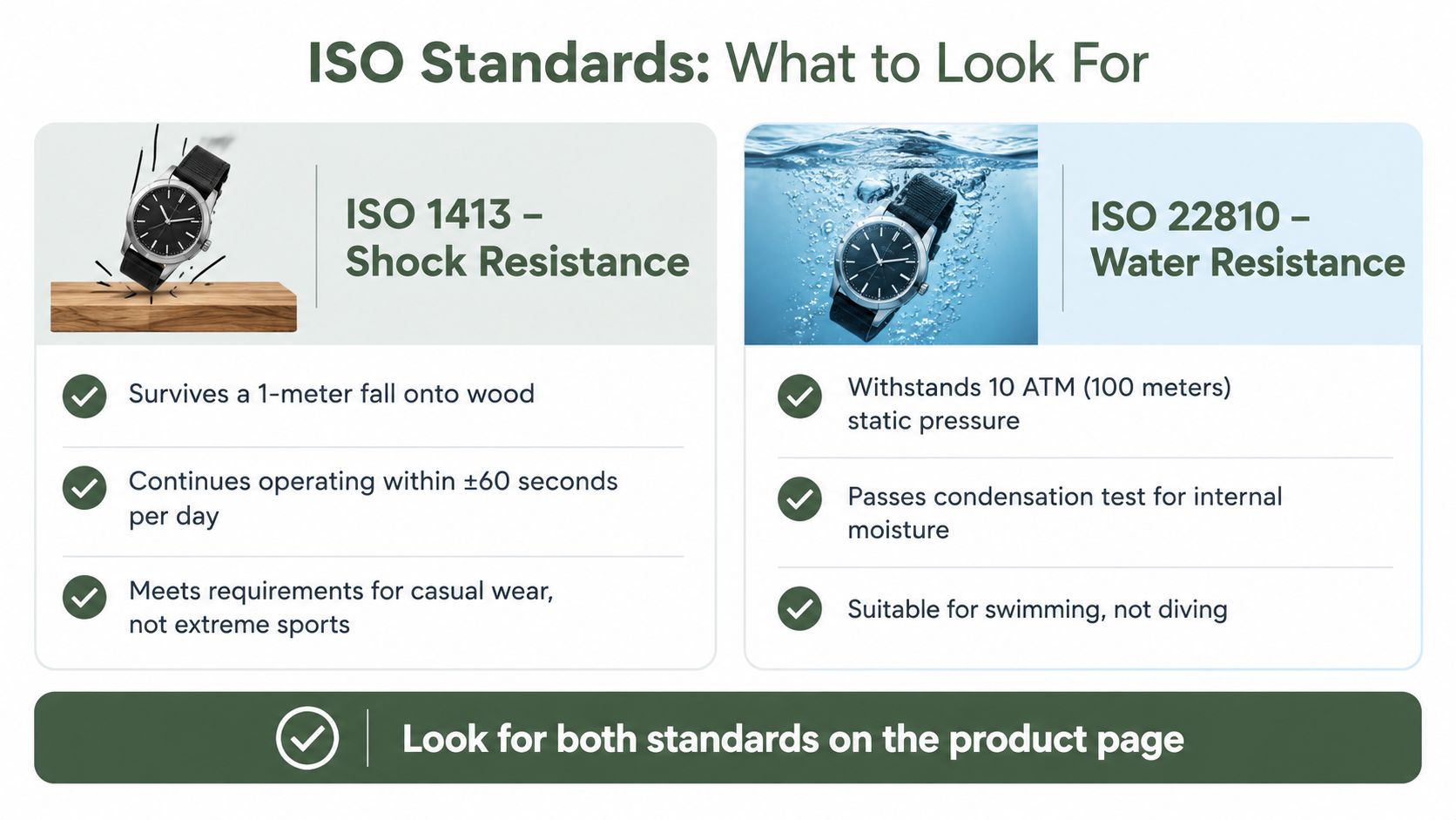 An infographic detailing ISO standards for watch shock resistance and water resistance for consumer safety.