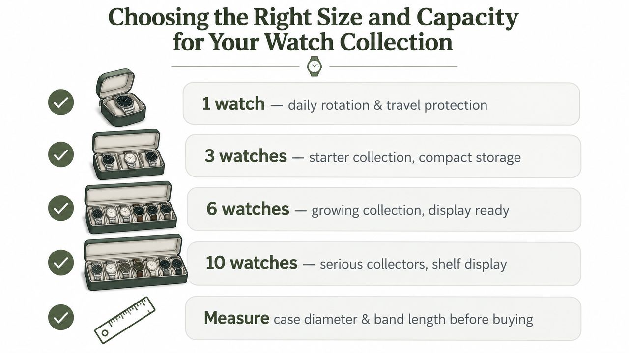 An infographic showing different sizes of watch boxes for storing collections ranging from one to ten watches.