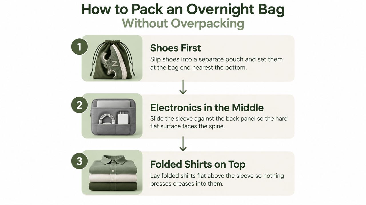 An infographic showing three simple steps to organize an overnight bag for efficient and neat travel packing.