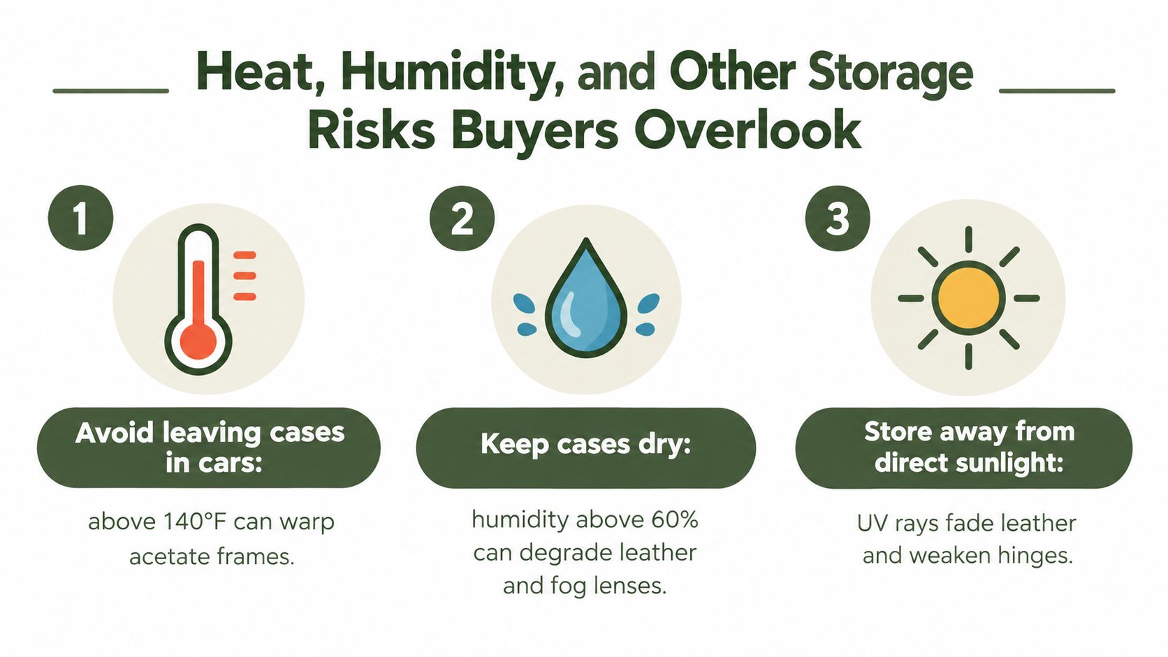 An infographic detailing three storage risks for eyewear including heat, humidity, and direct sunlight exposure.