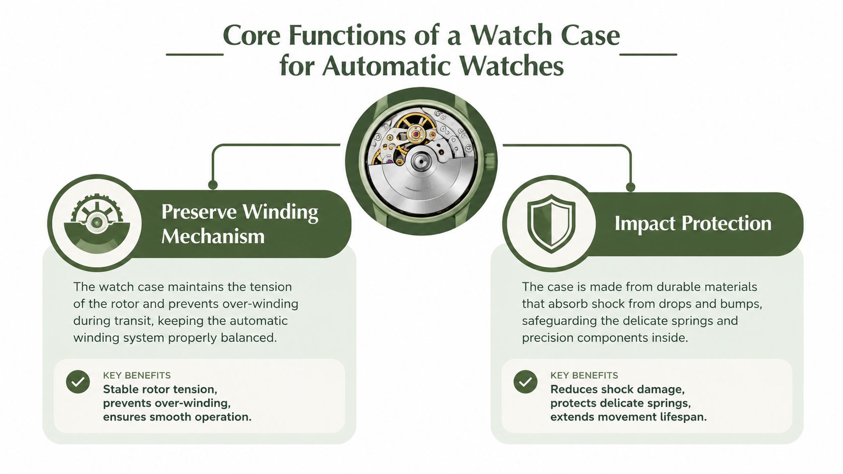An infographic detailing the two core functions of a watch case for automatic watches, specifically mechanism preservation and impact protection.